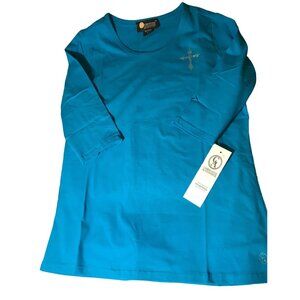 Christine Alexander Large BLUE TOP SHIRT Swarovski LONG Cotton Blend Cross Faith